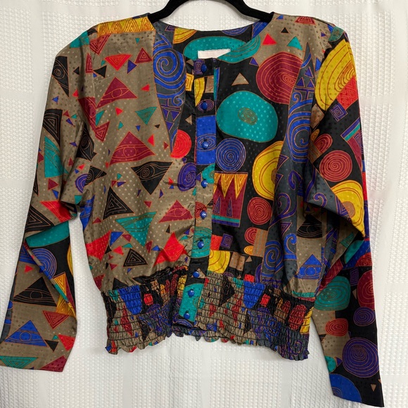 Vintage 80s Susan Freis MultiColor Geometric 2 Piece Blouse and Skirt Set - Picture 1 of 8